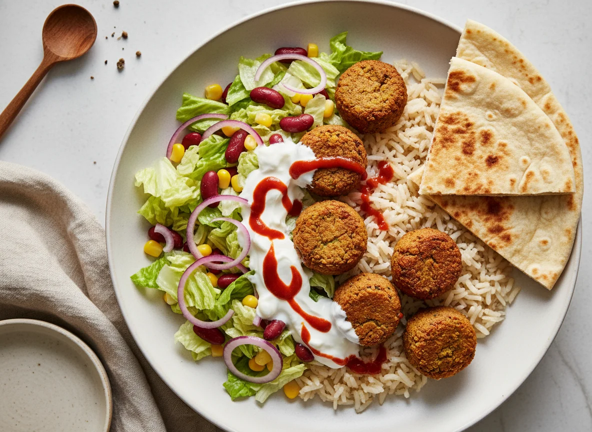 Falafel-Reis-Bowl mit Salat und Fladenbrot photo