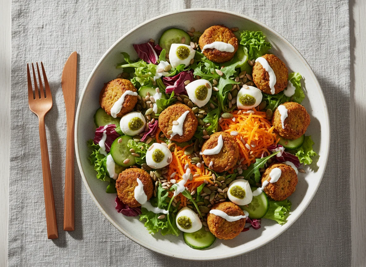 Falafel-Salat mit Mozzarella und Kernen photo