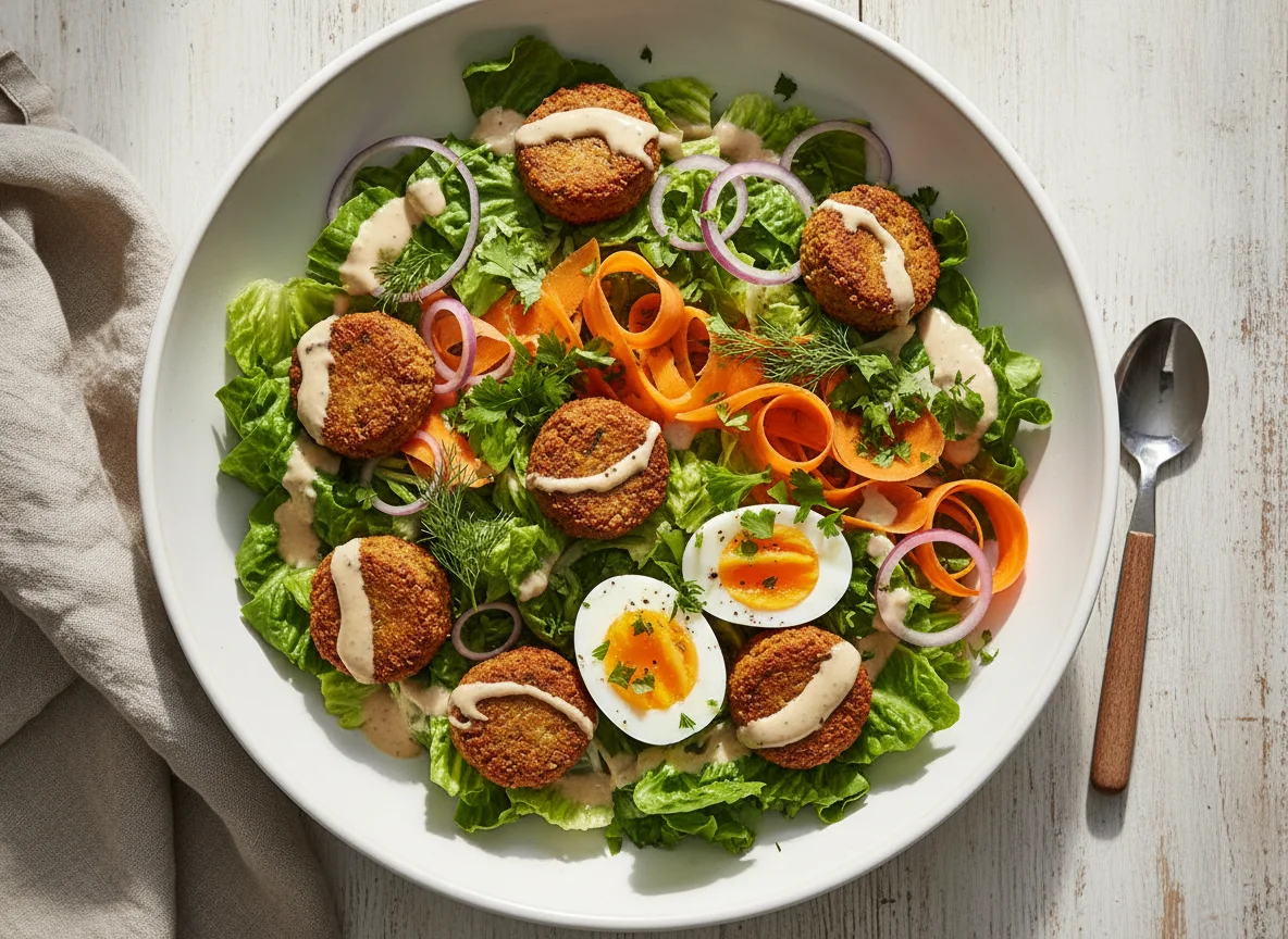 Falafel-Salat mit Tahini-Sauce und Karotten photo