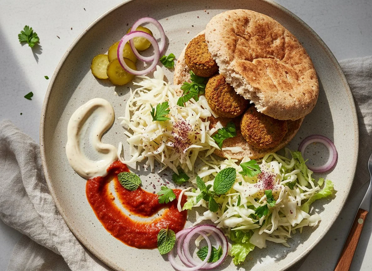 Falafel-Tasche mit verschiedenen Salaten und Saucen photo