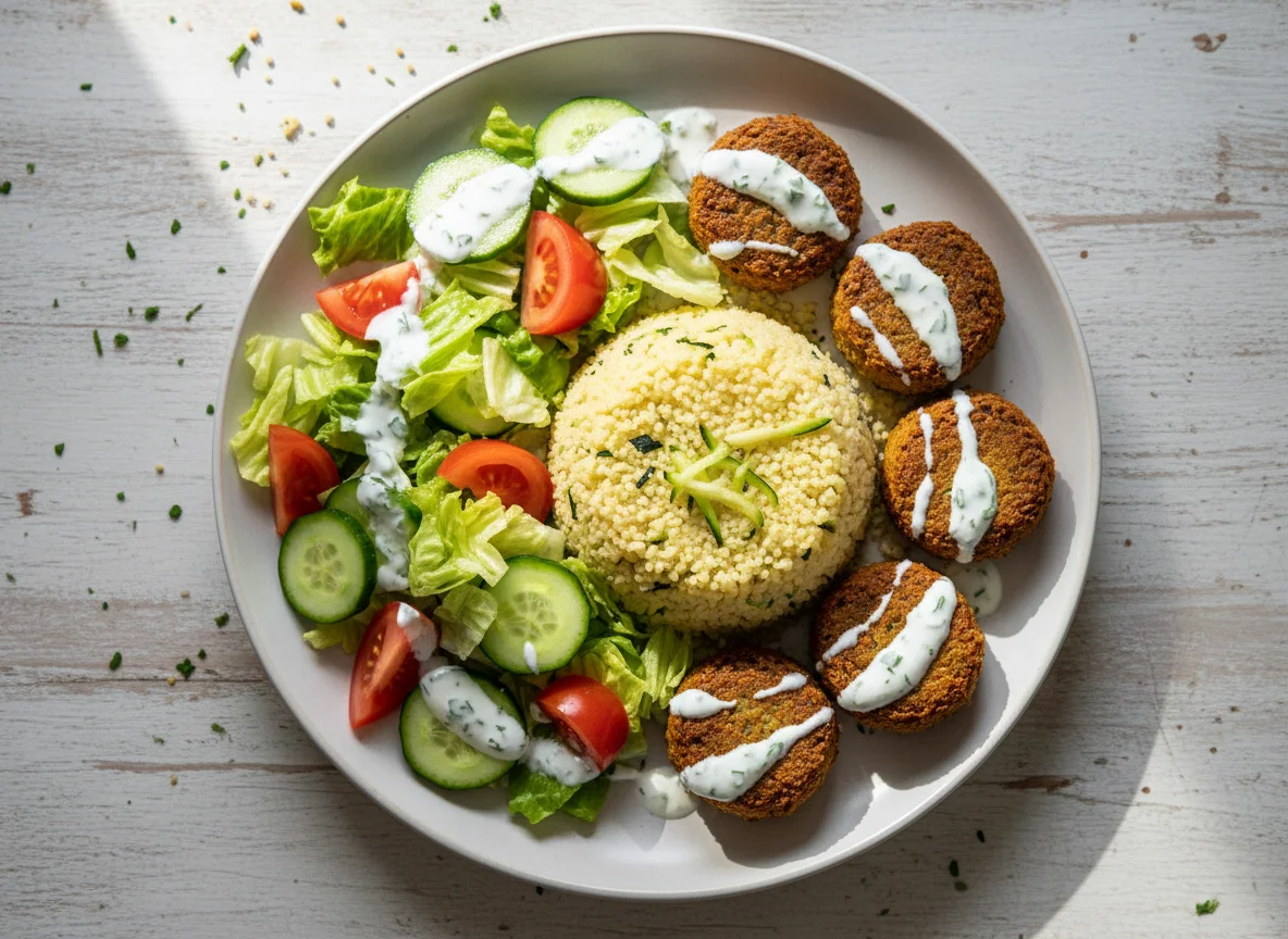 Falafel-Teller mit Couscous und Salat photo