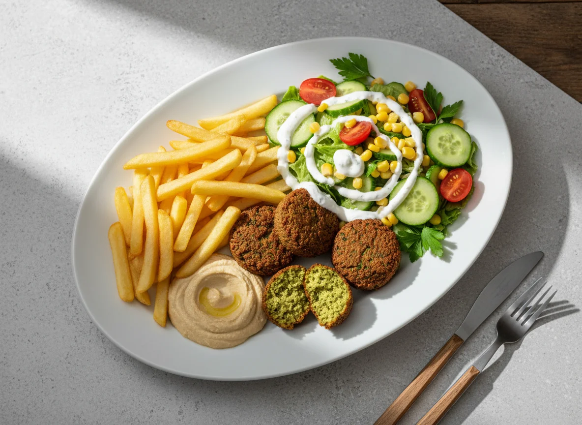 Falafel-Teller mit Pommes und Salat photo