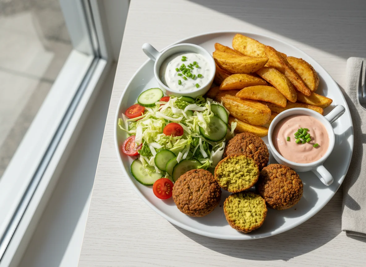 Falafel-Teller mit Pommes und Saucen photo