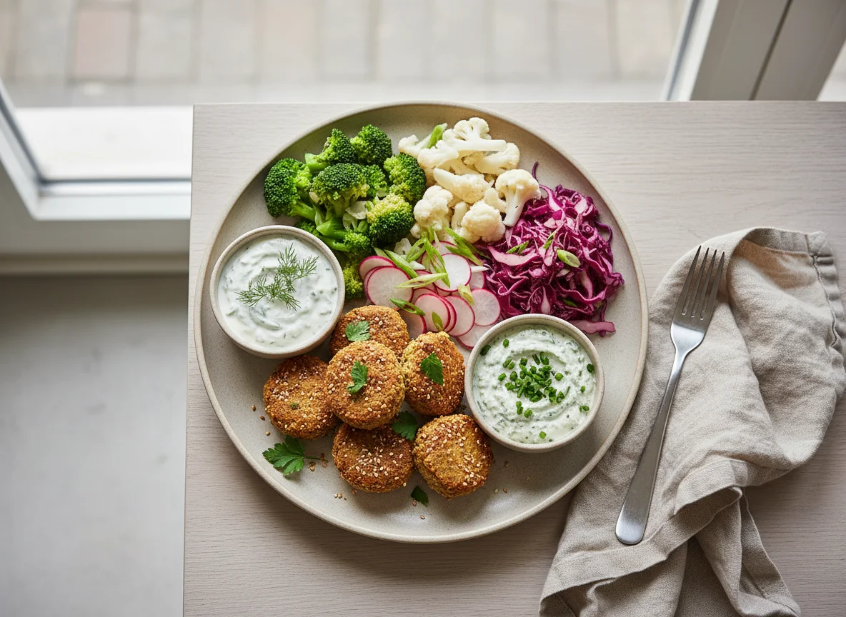 Falafel-Teller mit verschiedenen Salaten und Dips photo