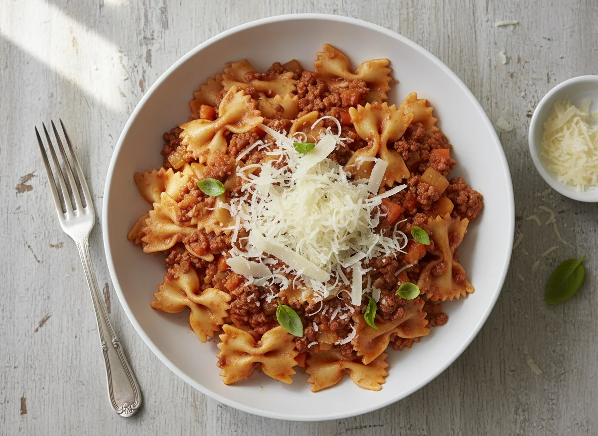 Farfalle mit Bolognese und Parmesan photo