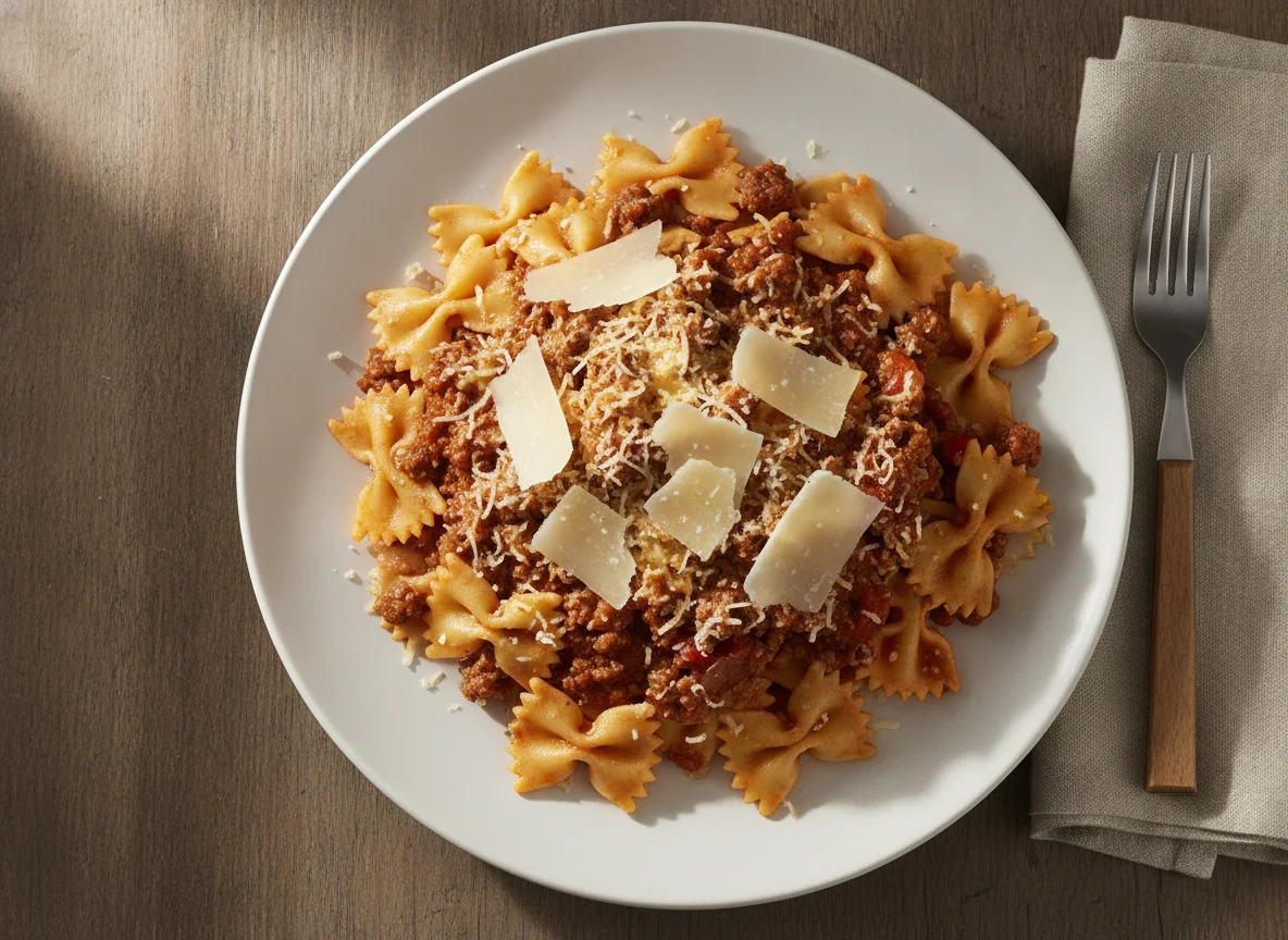 Farfalle mit Bolognese-Sauce und Käse photo