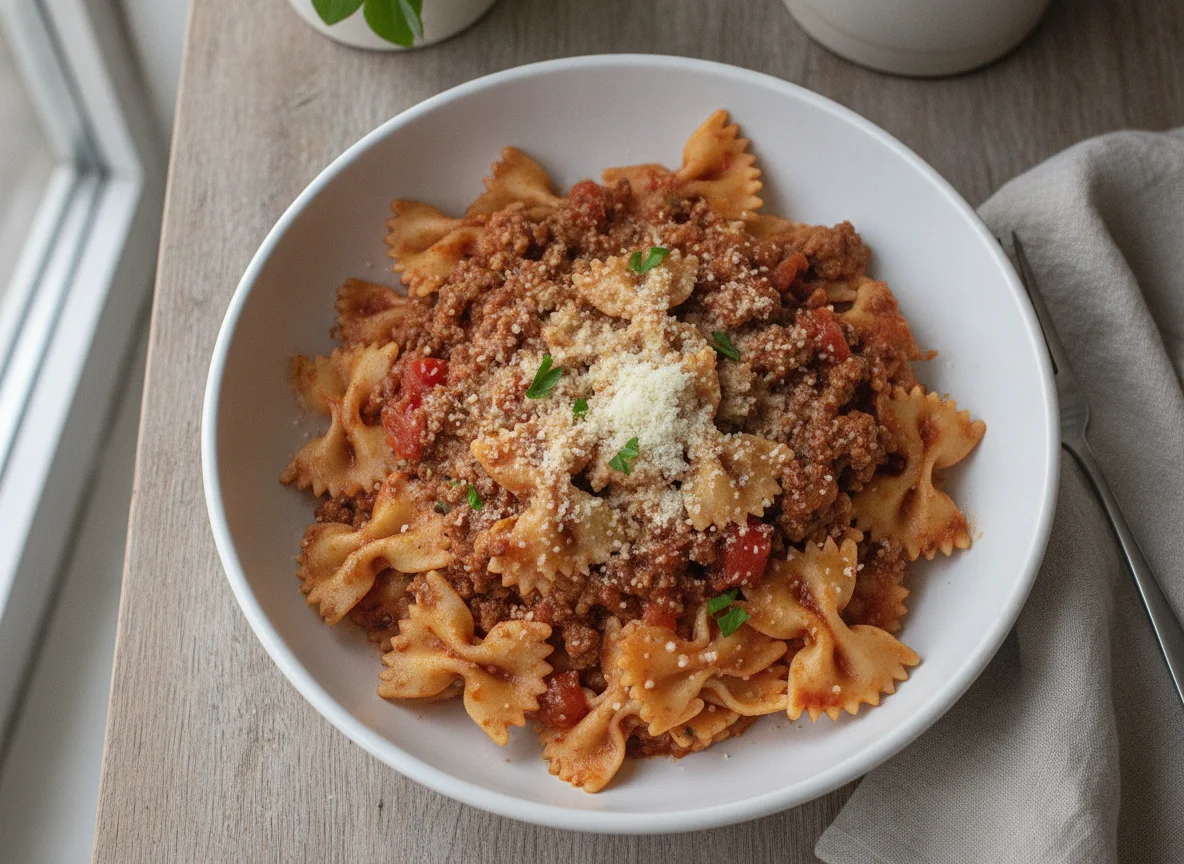 Farfalle mit Bolognese-Sauce und Parmesan photo