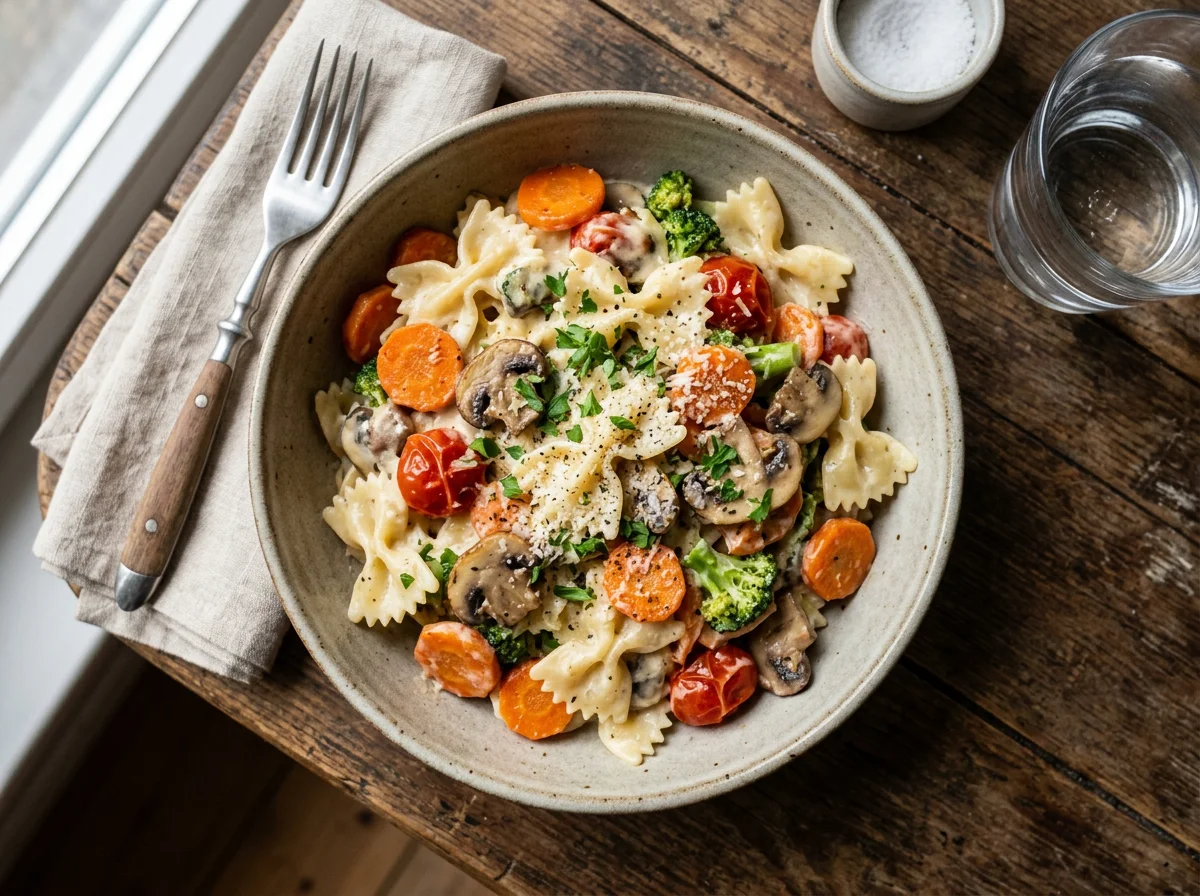 Farfalle mit cremiger Sauce und Gemüse photo