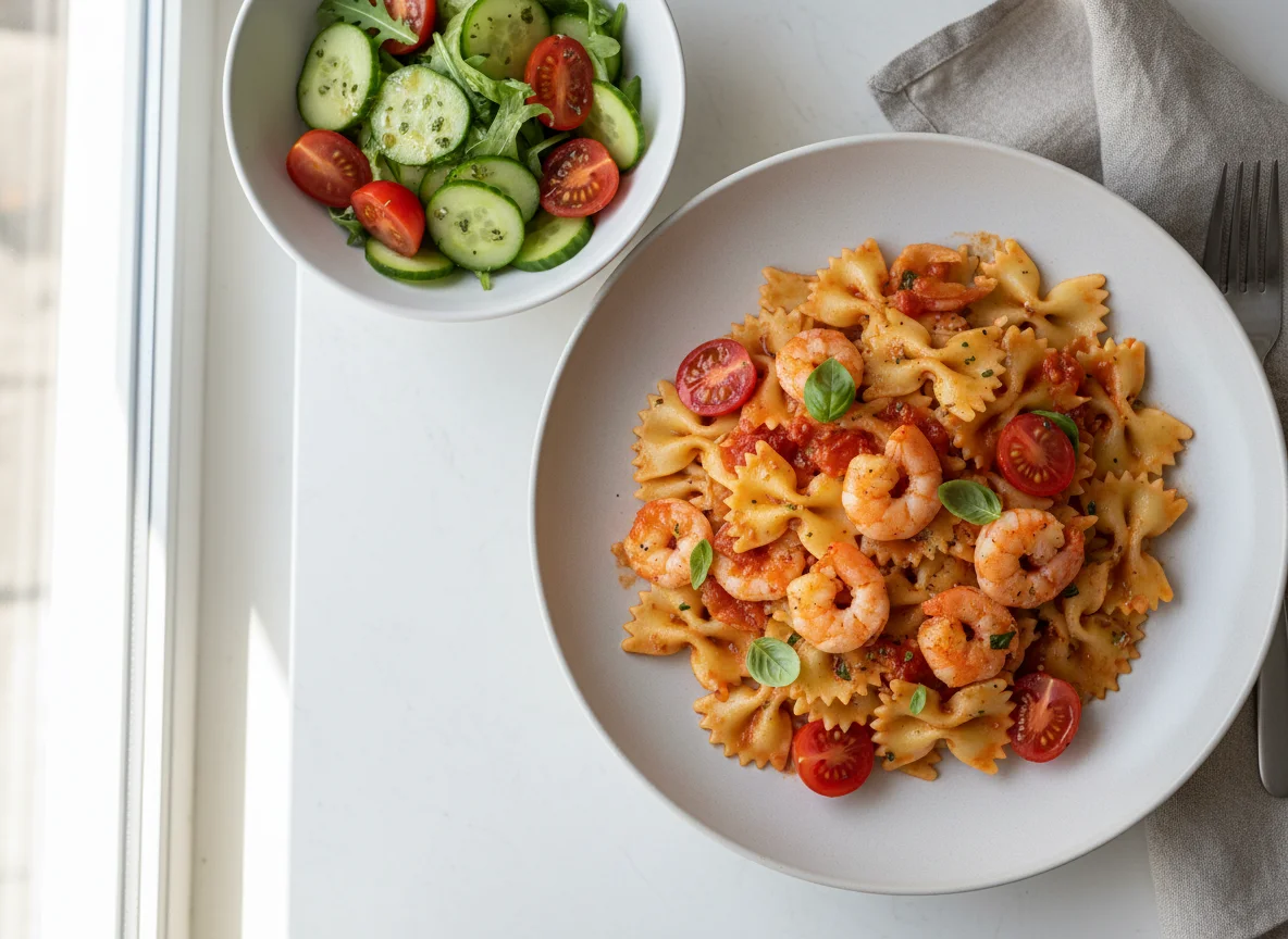 Farfalle mit Garnelen und Tomaten mit Beilagensalat photo
