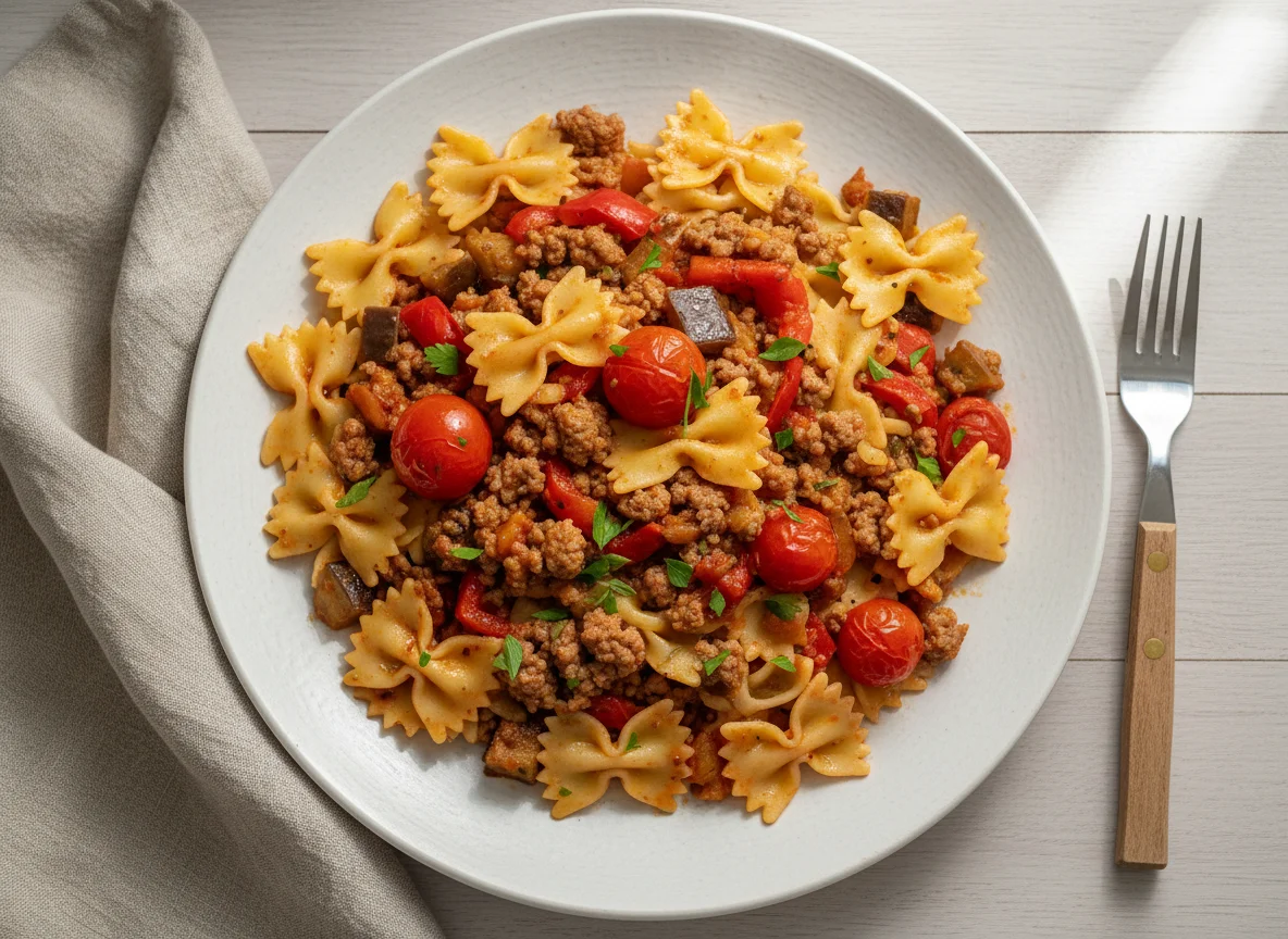 Farfalle mit Hackfleisch und Gemüse photo