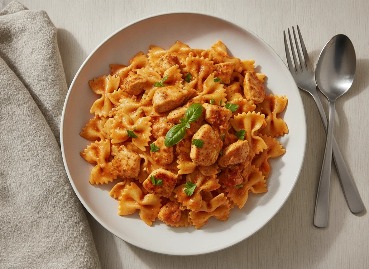Farfalle mit Hähnchen in Tomaten-Sahnesauce photo