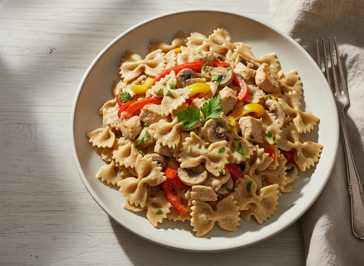 Farfalle mit Hähnchen und Paprika-Pilz-Soße photo