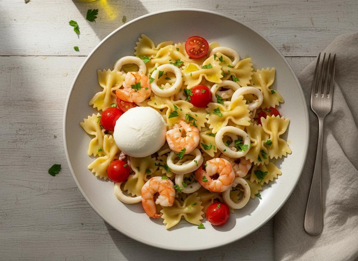 Farfalle mit Meeresfrüchten und Kirschtomaten photo