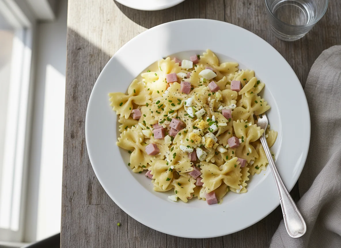Farfalle mit Schinken und Ei photo