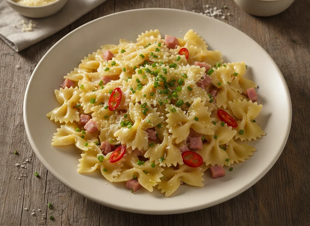 Farfalle mit Schinken und Schnittlauch photo