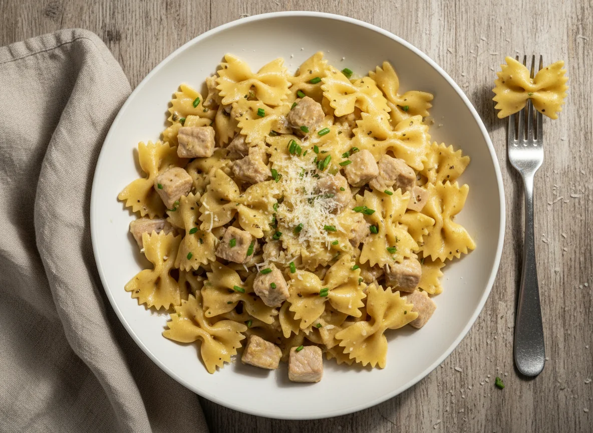 Farfalle mit Schweinefleisch und Sauce photo