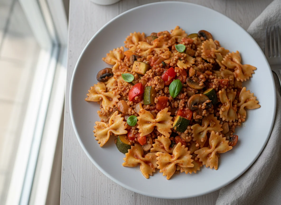 Farfalle mit Sojagranulat-Tomatensauce und Gemüse photo