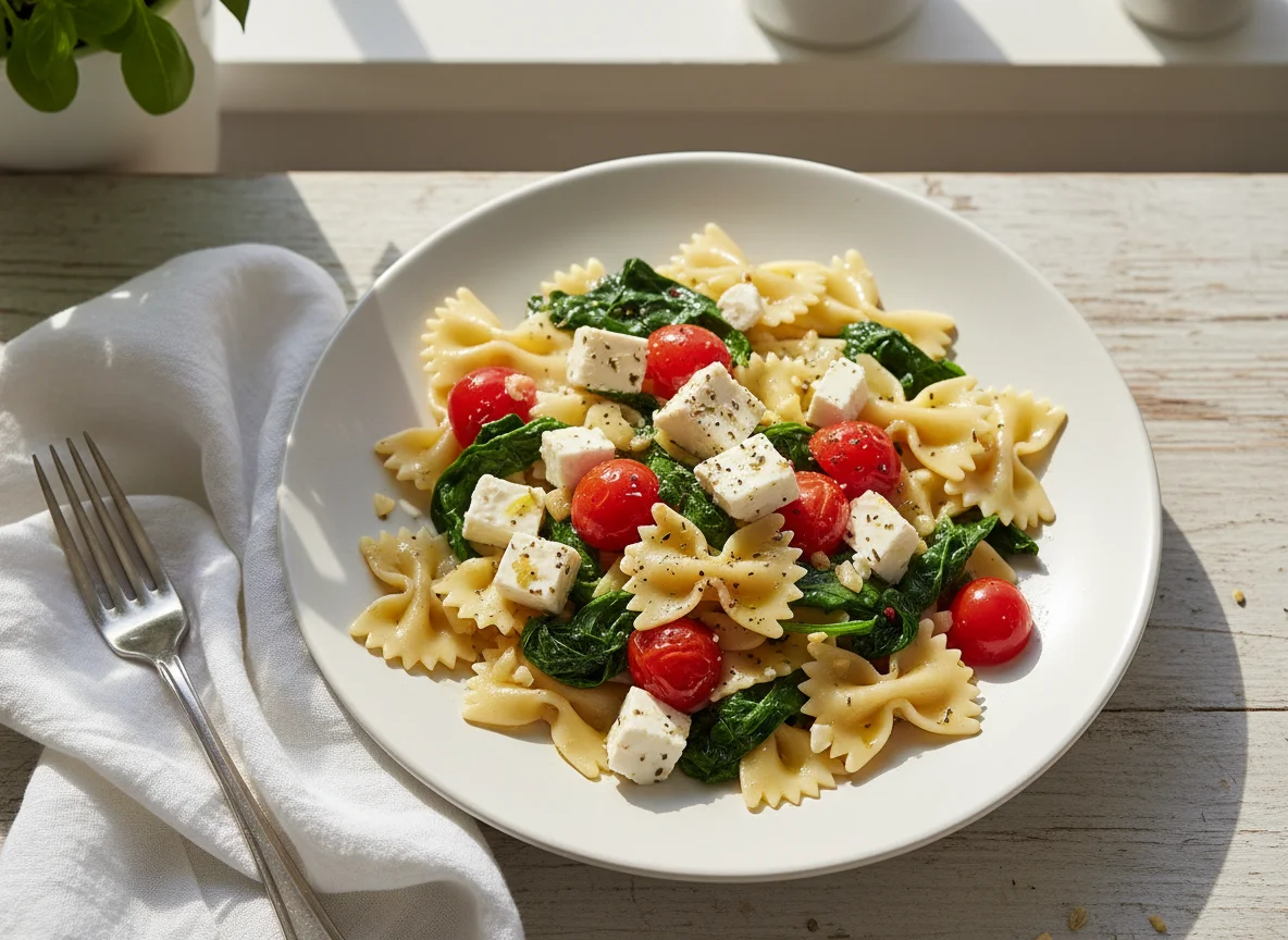 Farfalle mit Spinat, Tomaten und Feta photo