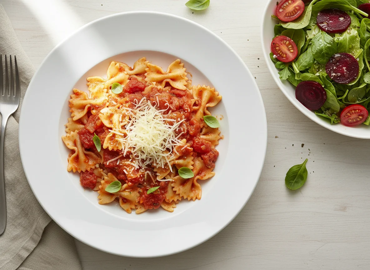 Farfalle mit Tomatensauce und Beilagensalat photo