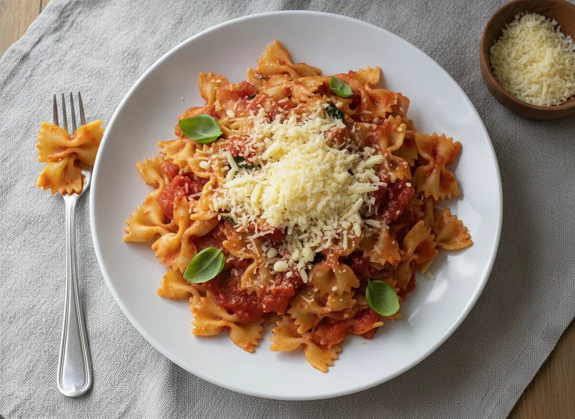 Farfalle mit Tomatensauce und geriebenem Käse photo