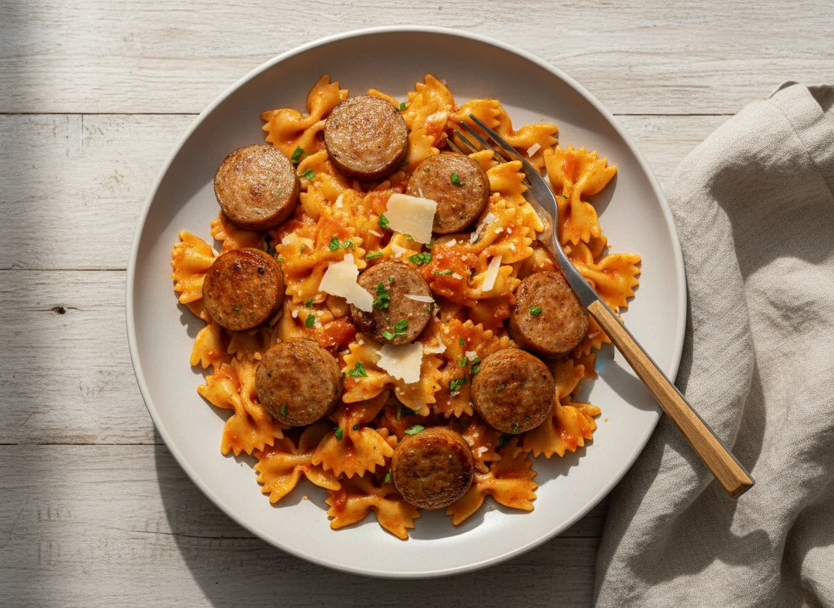 Farfalle mit Tomatensauce und Wurst photo