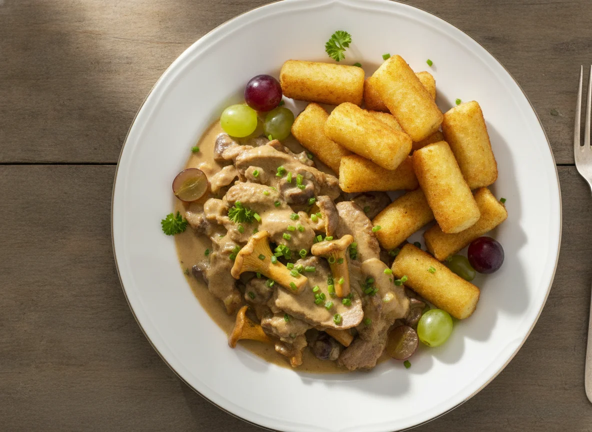 Fasanengeschnetzeltes mit Kroketten photo