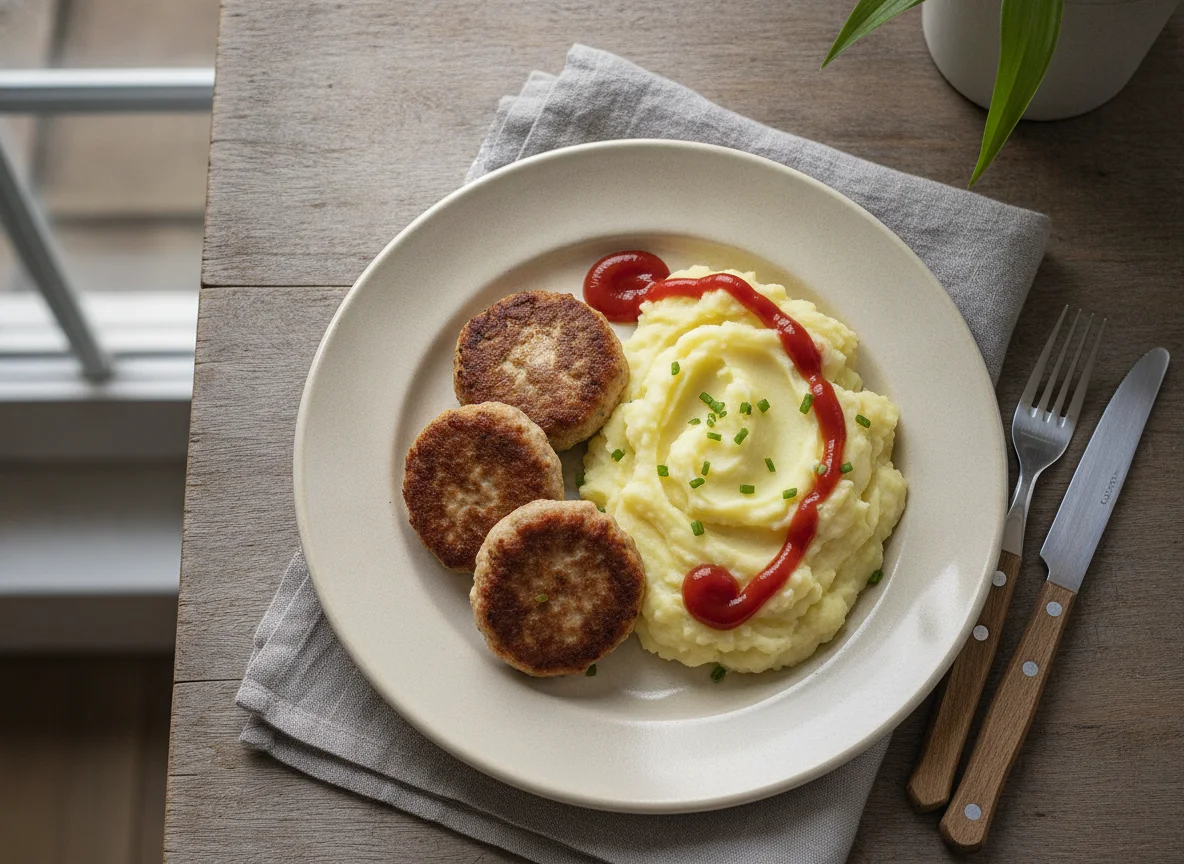Faschierte Laibchen mit Erdäpfelpüree und Ketchup photo