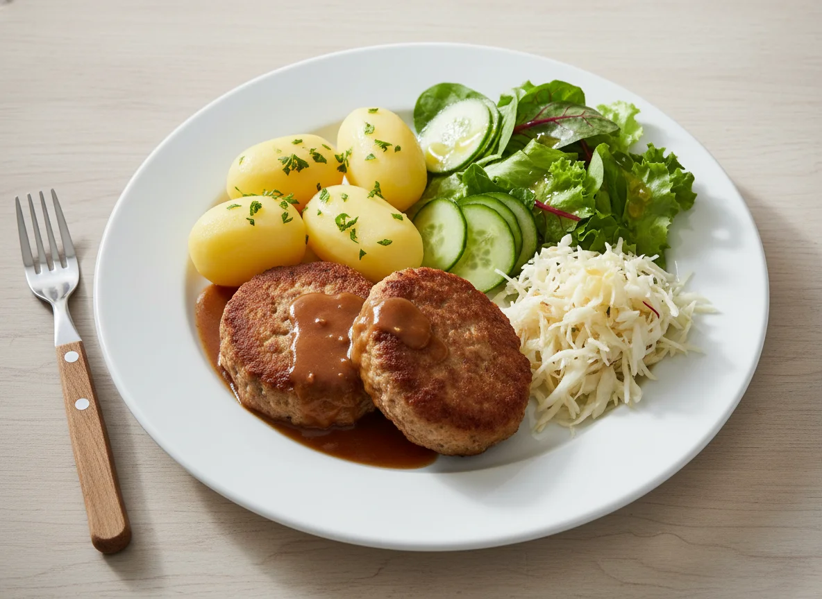 Faschiertes Laibchen mit Salzkartoffeln und Beilagensalat photo