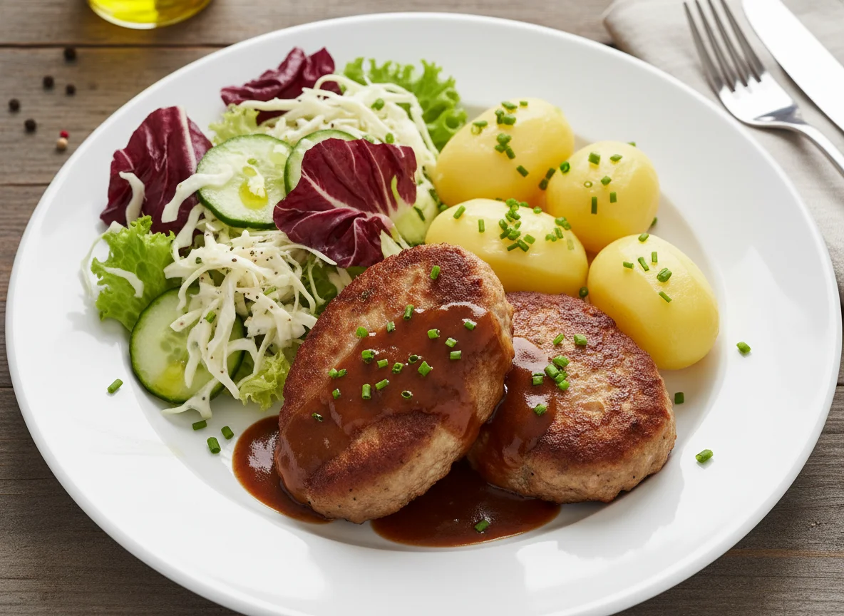 Faschiertes Laibchen mit Salzkartoffeln und Salat photo