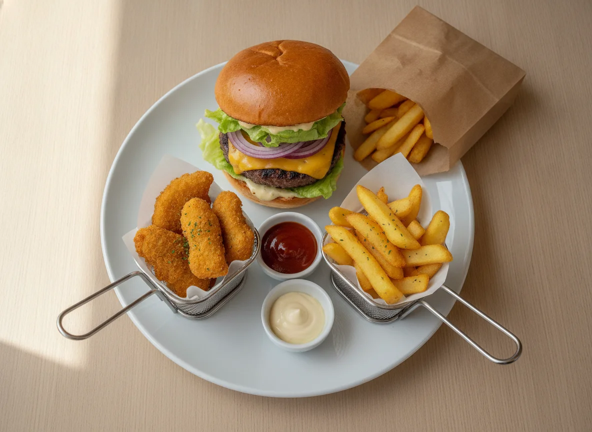 Fast Food Menü mit Burger, Nuggets und Pommes photo