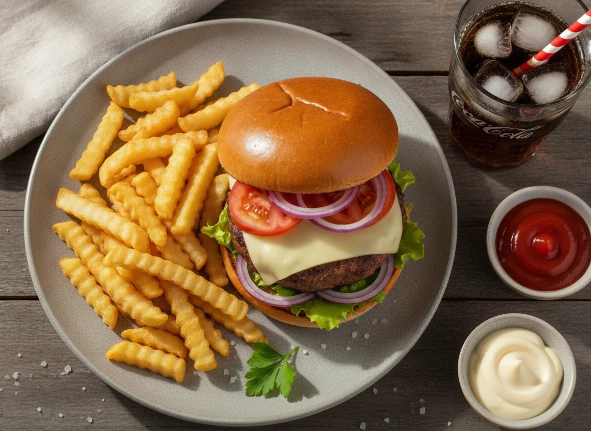 Fast Food Menü mit Burger, Pommes und Softdrink photo
