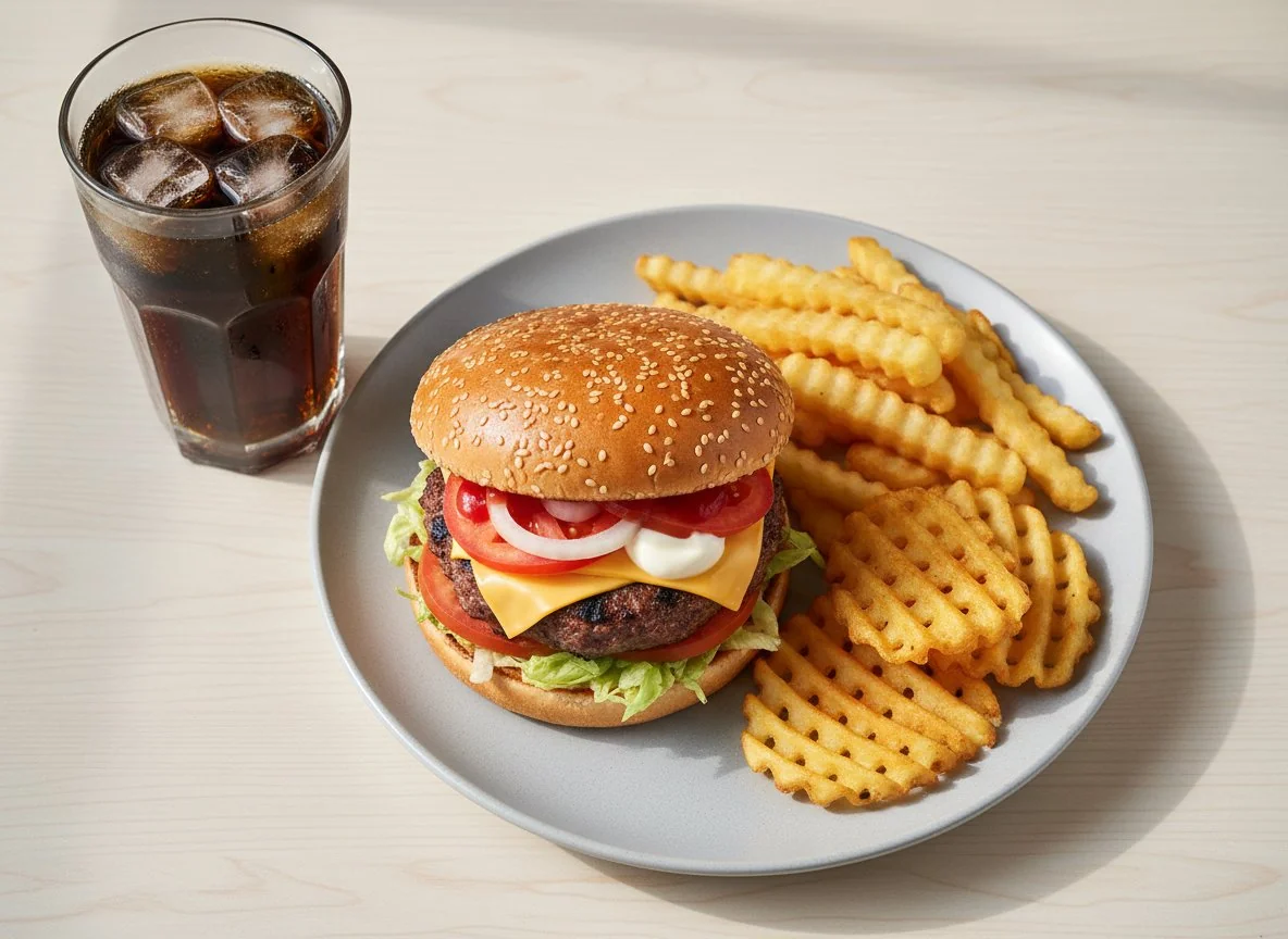 Fast-Food-Mahlzeit mit Burgern, Pommes und Getränk photo