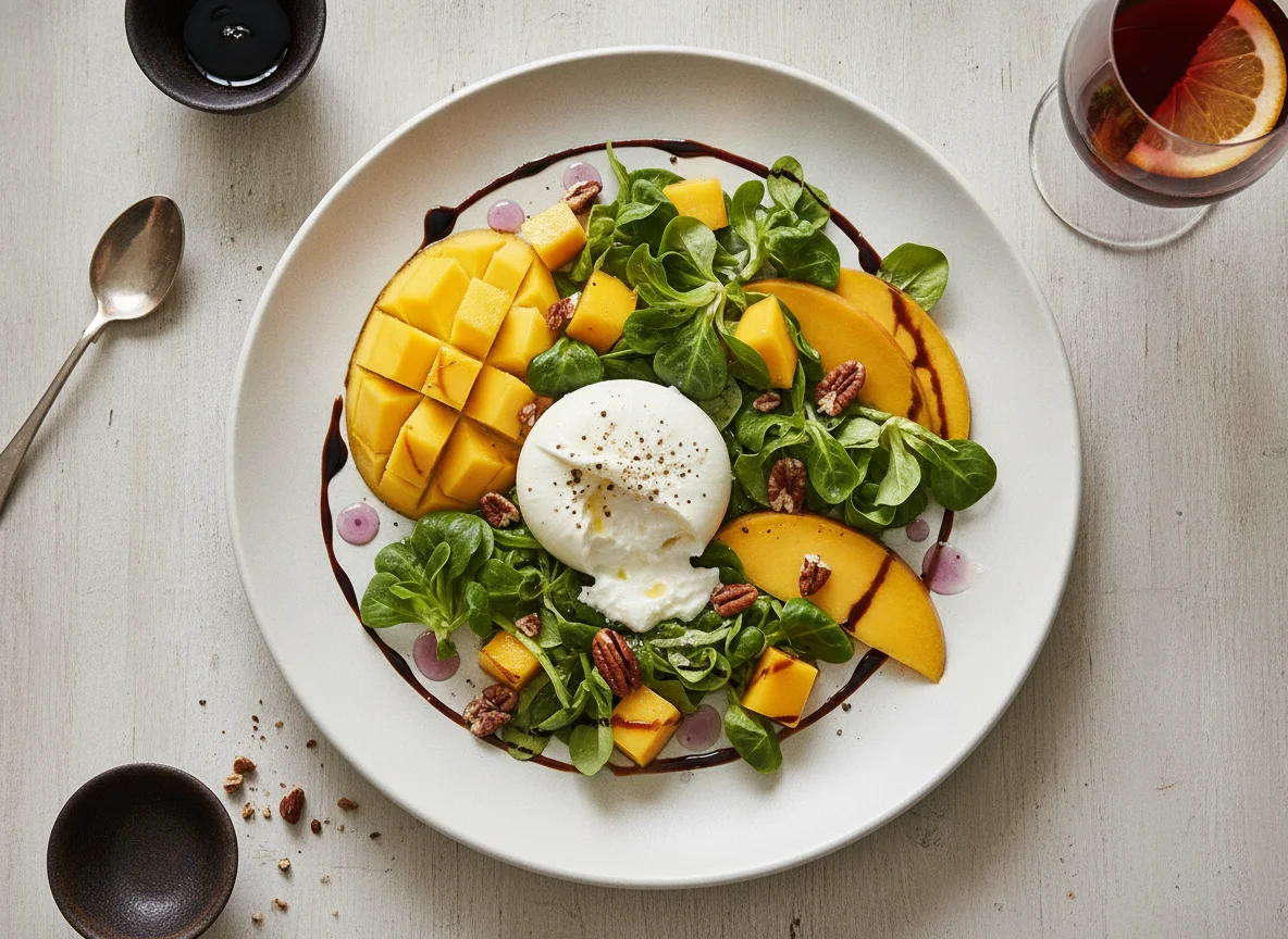 Feldsalat mit Burrata, Mango und Pekannüssen photo
