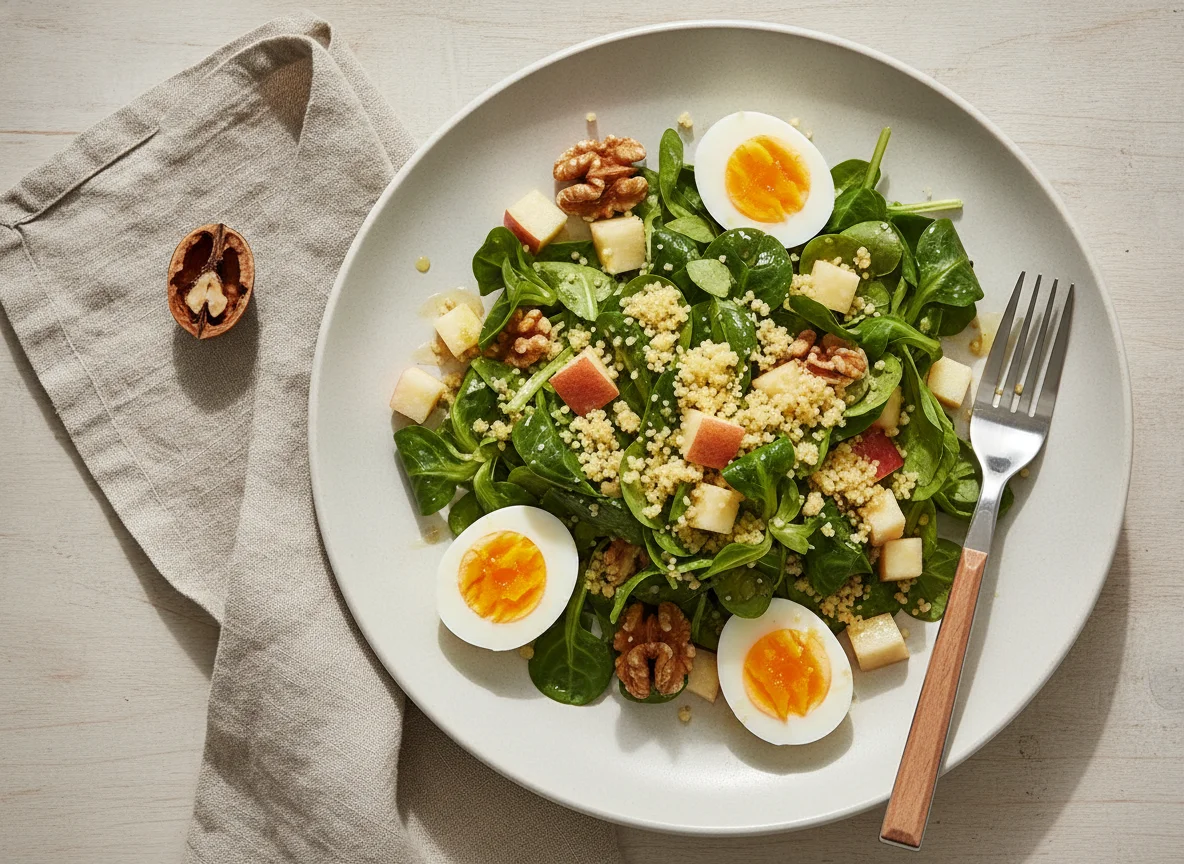 Feldsalat mit Couscous, Apfel, Walnüssen und Ei photo