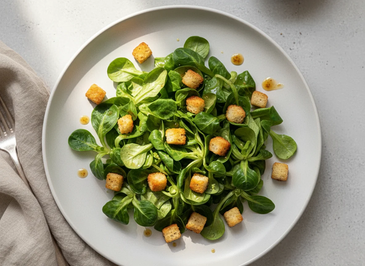 Feldsalat mit Croutons und Dressing photo