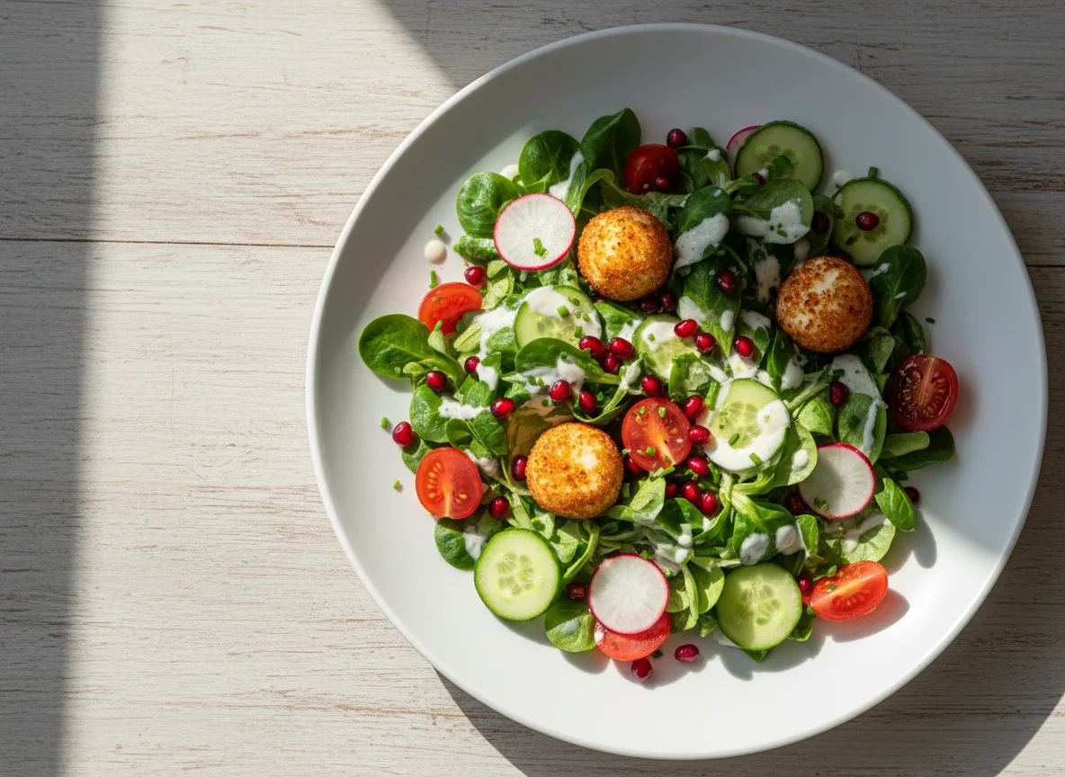 Feldsalat mit Dressing und Beilagen photo