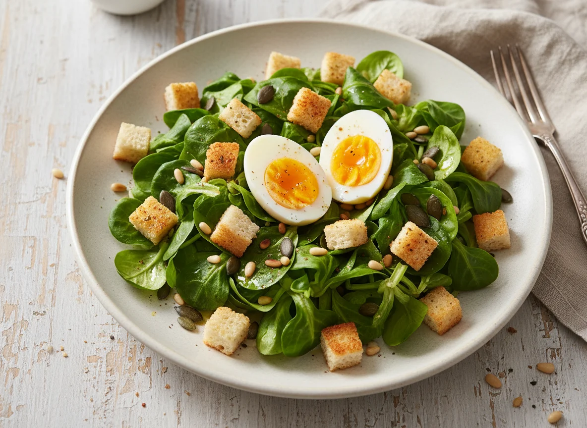 Feldsalat mit Ei und Croutons photo