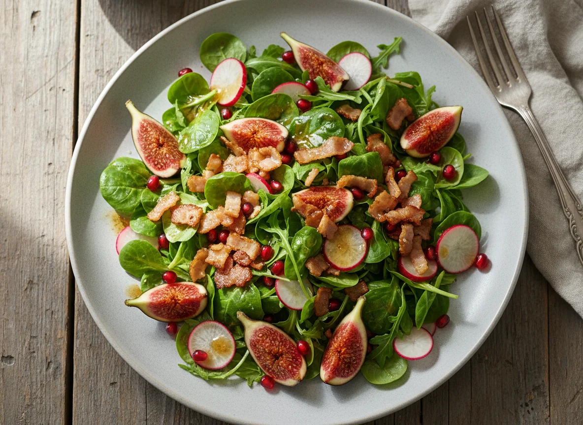 Feldsalat mit Feigen, Speck und Radieschen photo