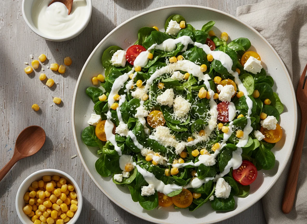 Feldsalat mit Feta, Mais und Dressing photo