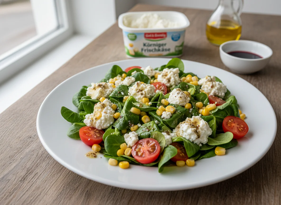 Feldsalat mit Feta, Mais und körnigem Frischkäse photo