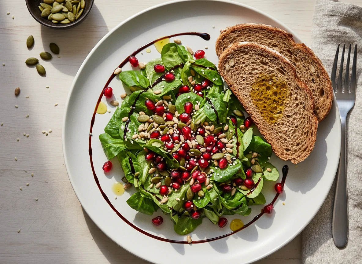 Feldsalat mit Granatapfel, Kernen und Brot photo