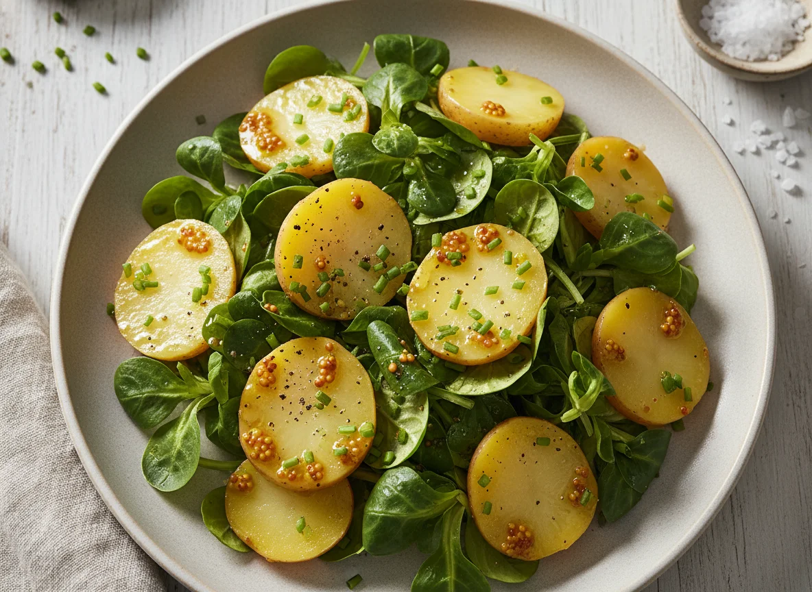 Feldsalat mit Kartoffeln und Dressing photo