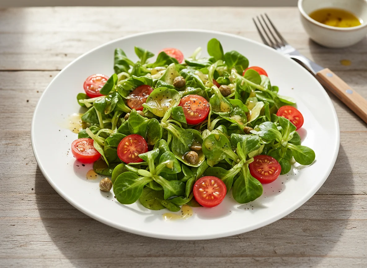Feldsalat mit Kirschtomaten und Dressing photo