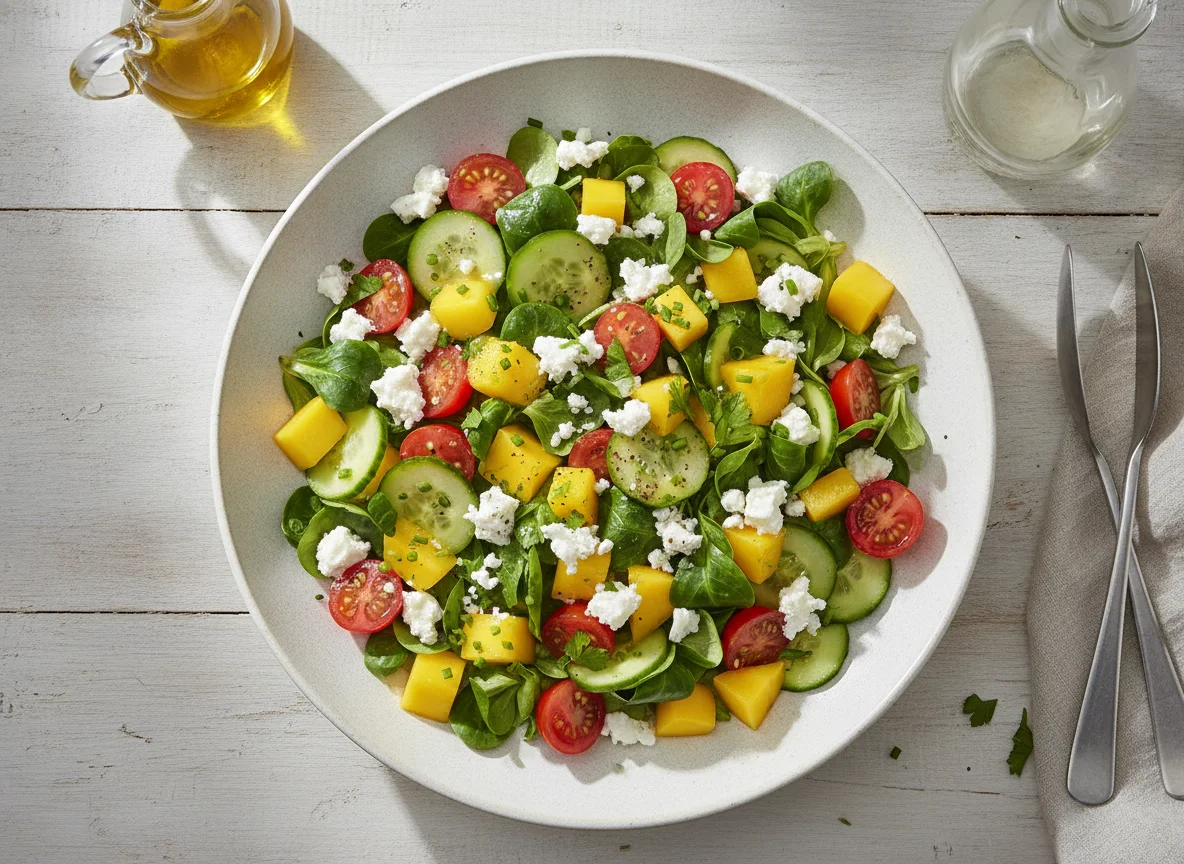 Feldsalat mit Mango, Tomaten, Gurke und Feta photo