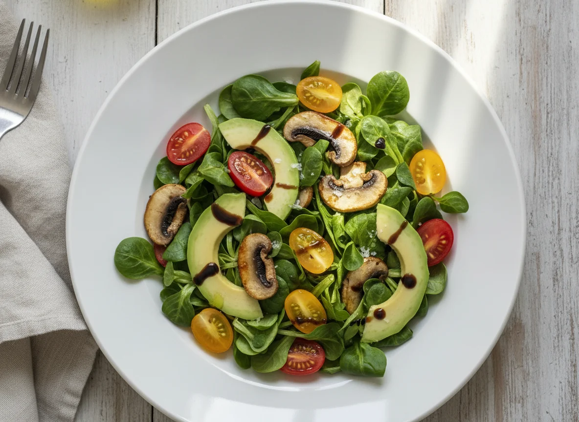 Feldsalat mit Pilzen, Tomaten und Avocado photo