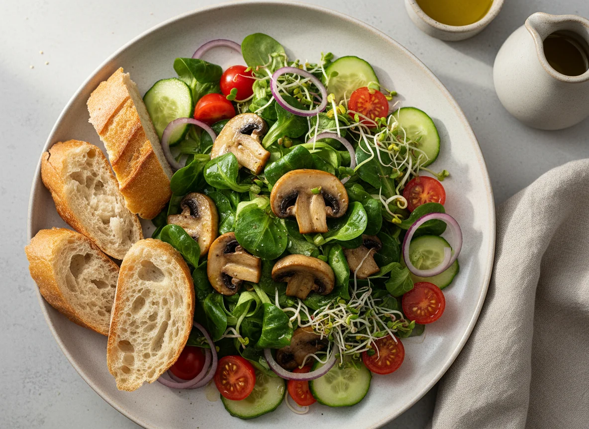 Feldsalat mit Pilzen und Baguette photo