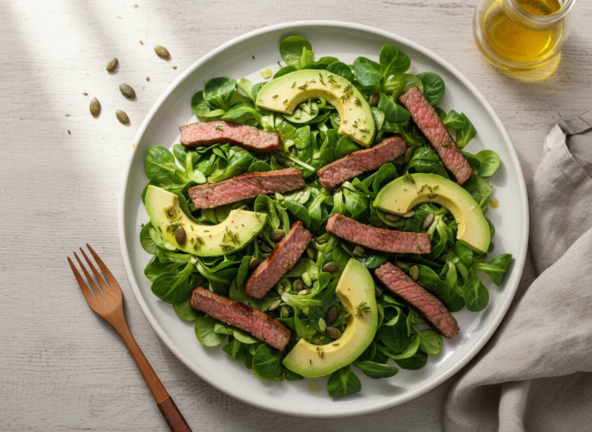 Feldsalat mit Rinderstreifen und Avocado photo