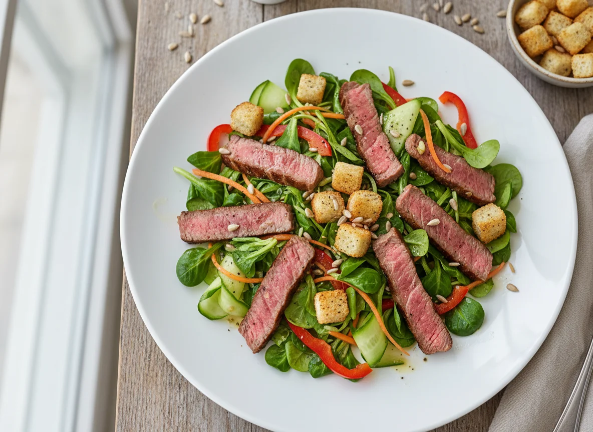 Feldsalat mit Rinderstreifen und Croutons photo