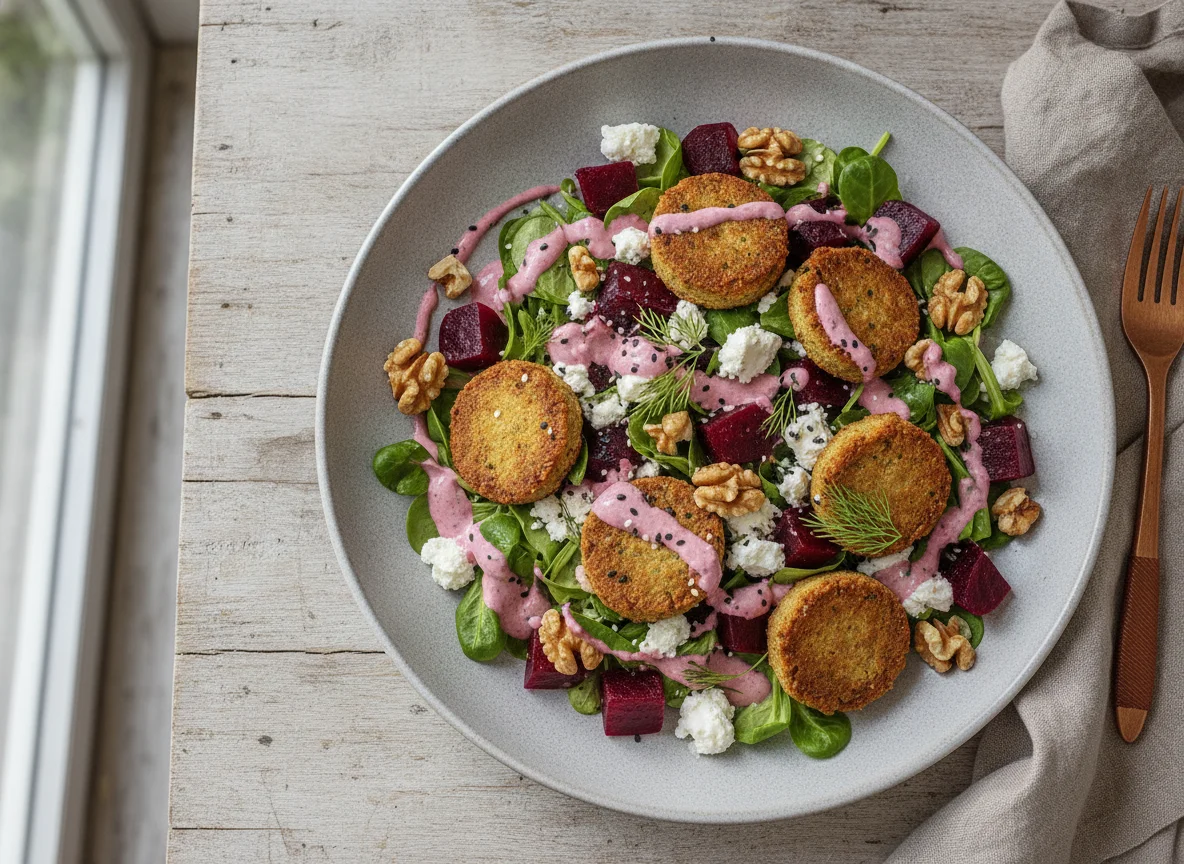 Feldsalat mit Roter Bete, Feta, Walnüssen und Falafel photo