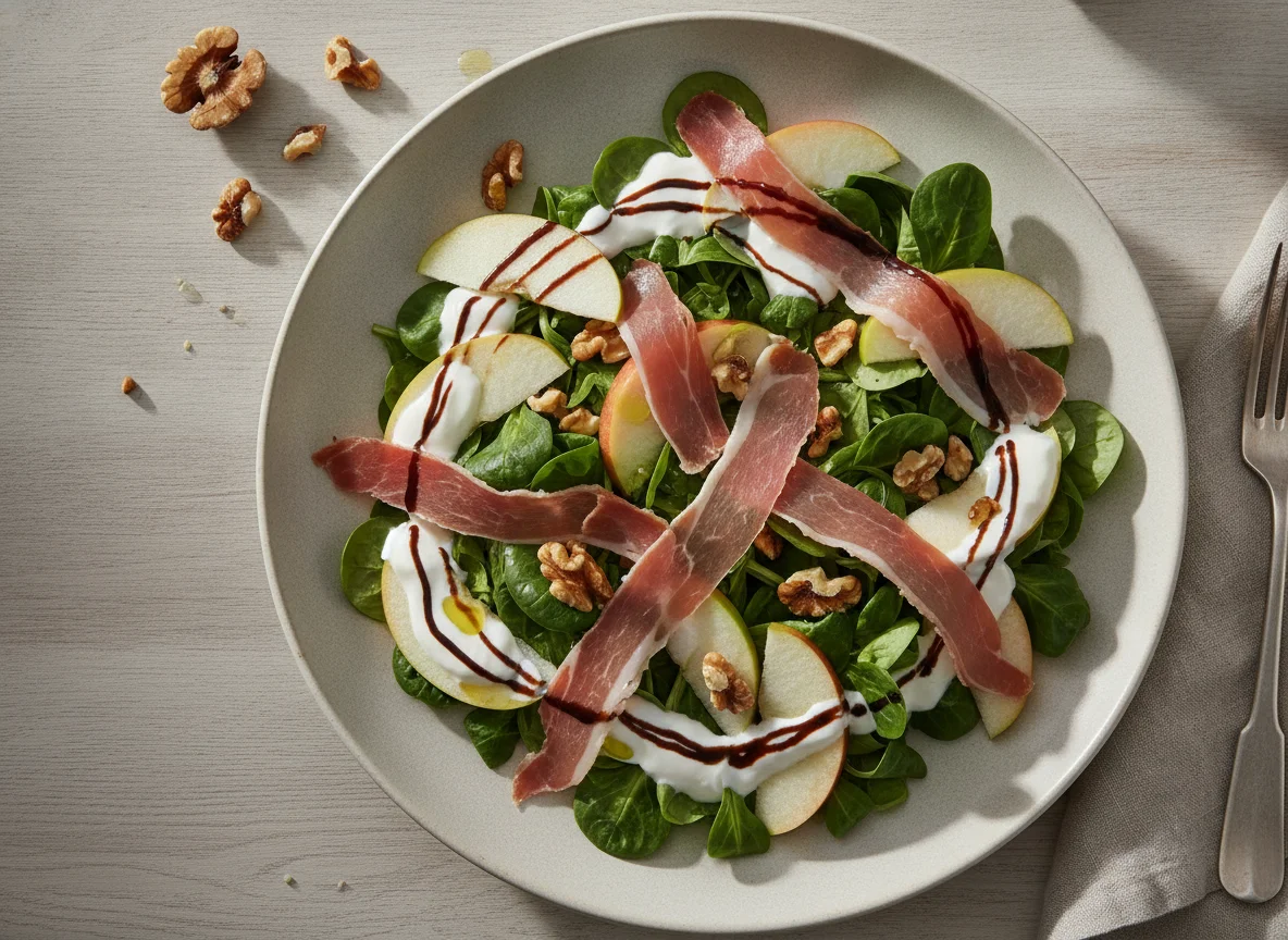 Feldsalat mit Schinken, Apfel und Walnüssen photo